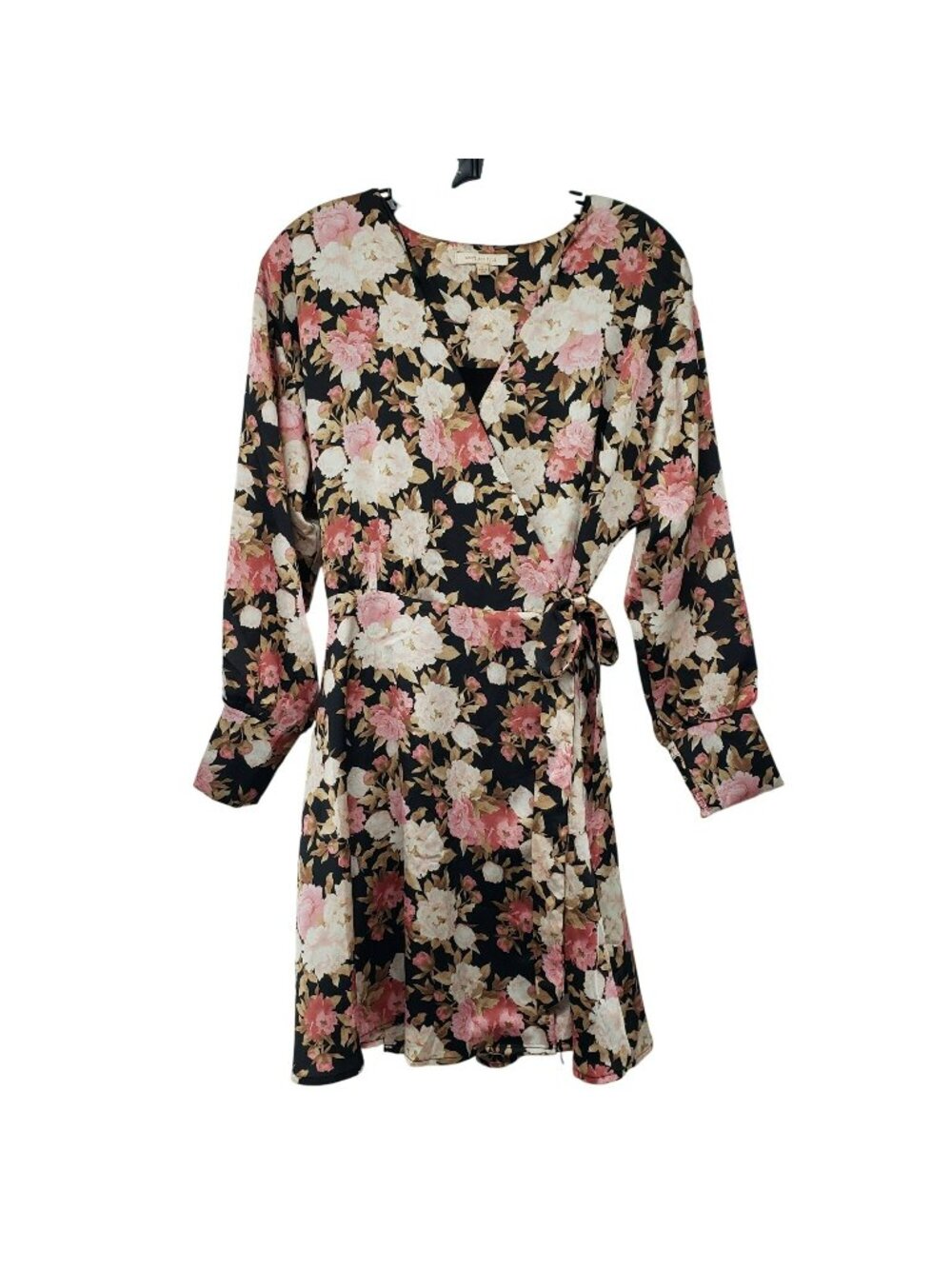 Skies are Blue Black Pink White Floral Long Sleeve Wrap Dress Mini Spring